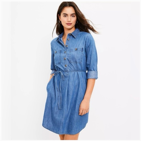 LOFT Dresses & Skirts - NWT Loft Denim Shirt Dress Chambray Blue Size Medium Long Sleeve Button Front